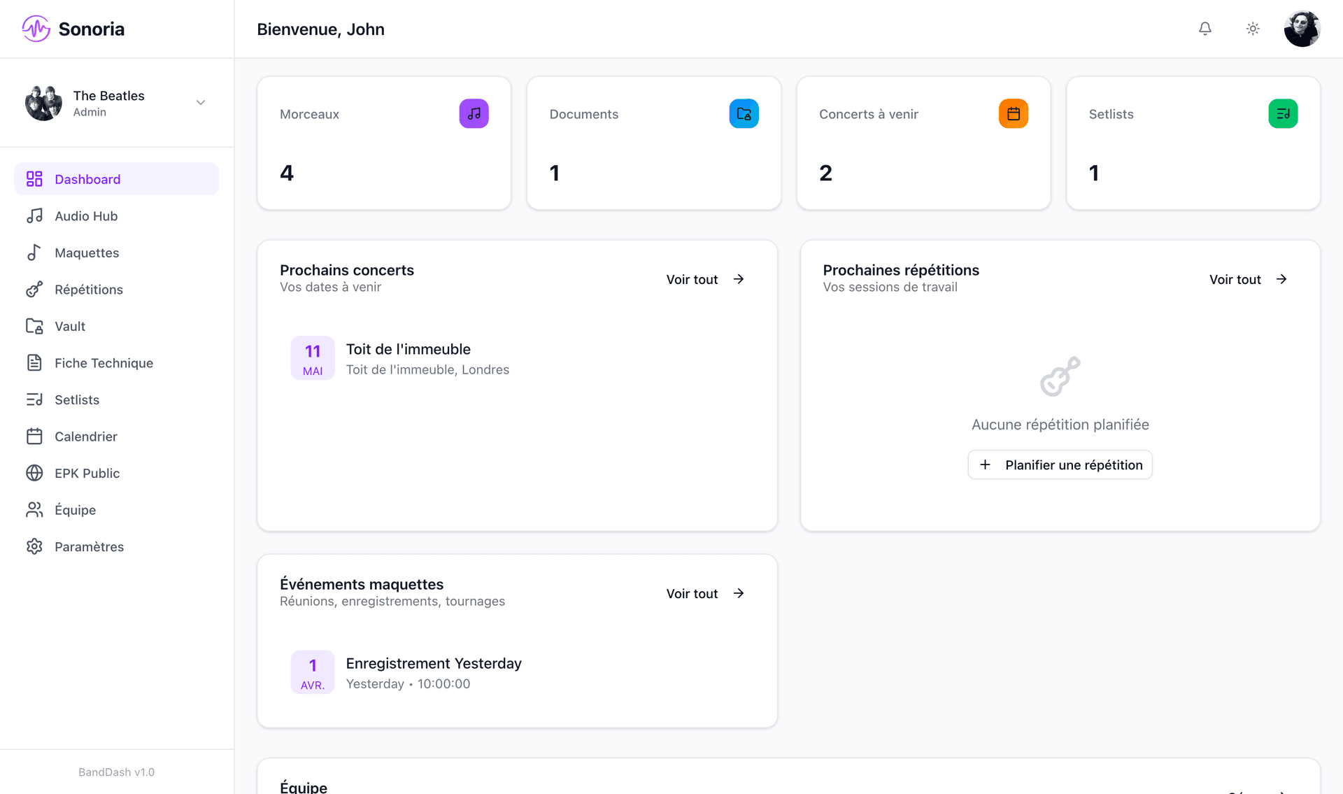 Aperçu du dashboard Sonoria